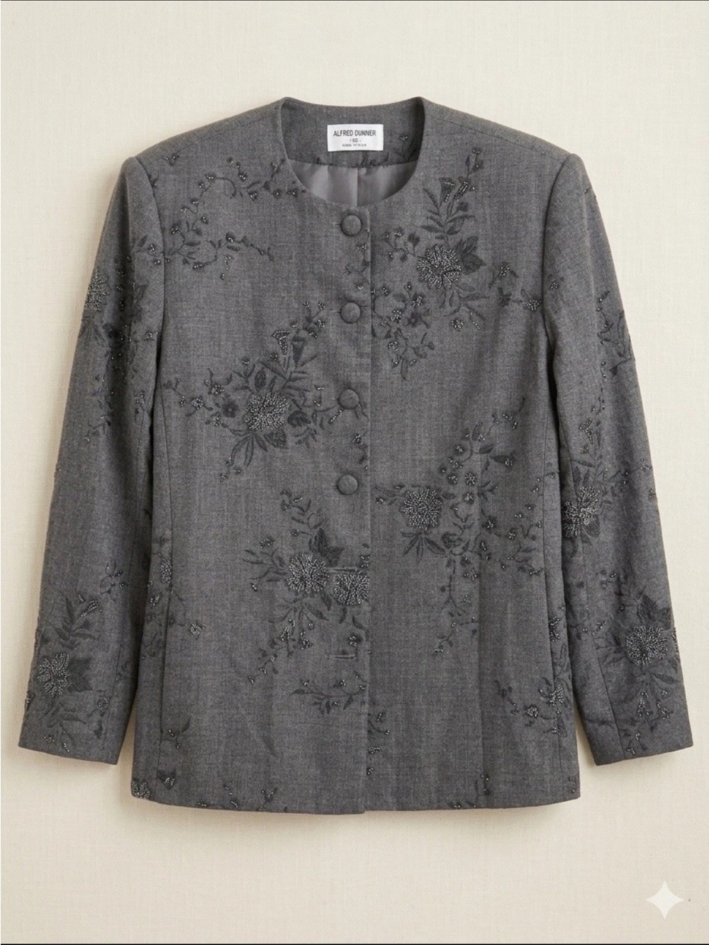 VTG Alfred Dunner Grey Beaded Wool Blazer Jacket 10 Made In USA